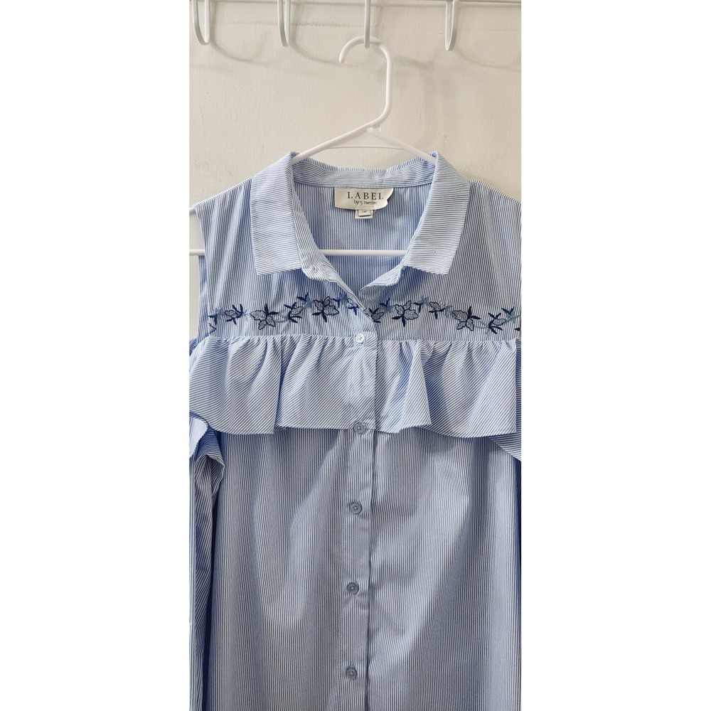 Label by 5 Twelve Blue White Pinstripe Cold Shoulder Ruffle Shirt Dress Size 12 - Picture 2 of 9